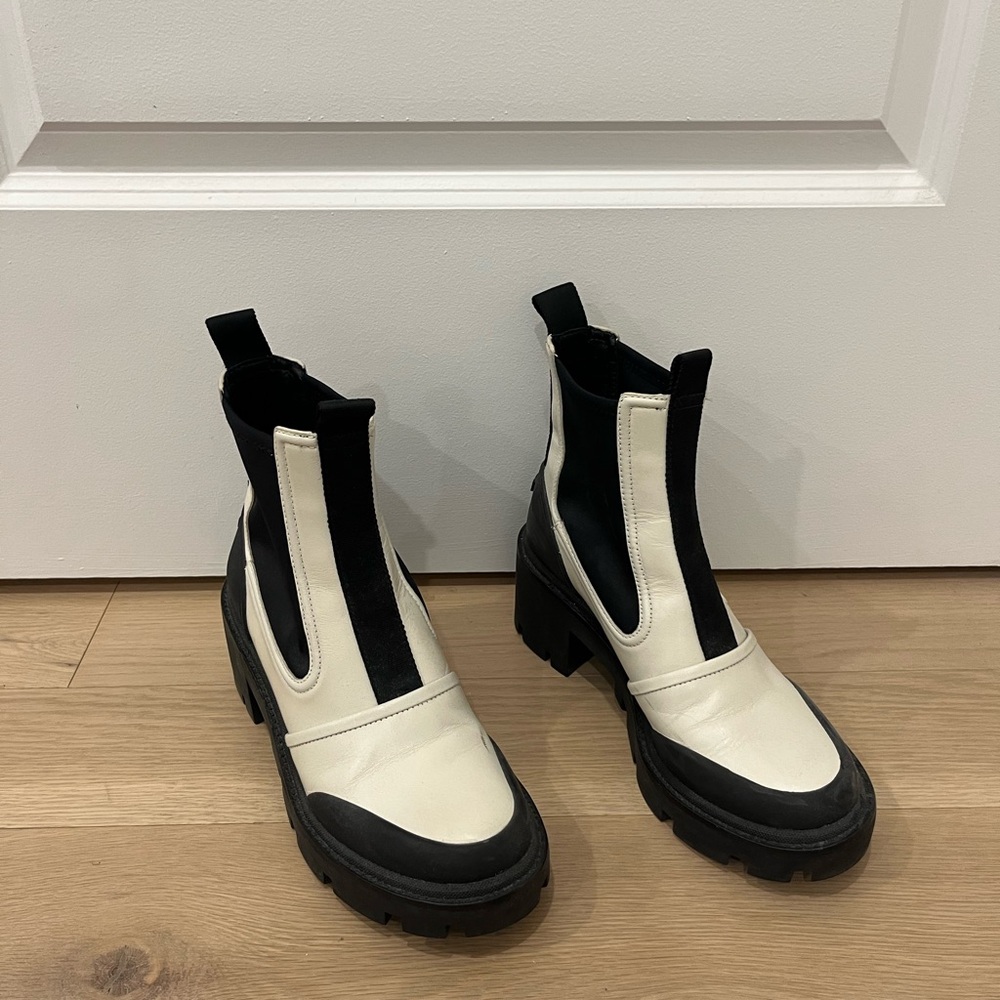 Tory Burch Cream and Black Chelsea Lug Ankle Boots